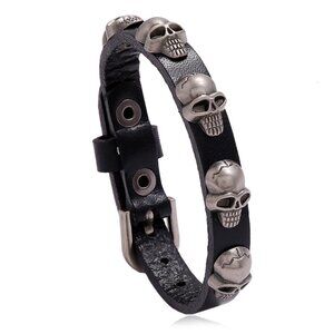 3/$35 Men's Black Faux Leather Silver Skull Stud Punk Rock Biker Goth Bracelet